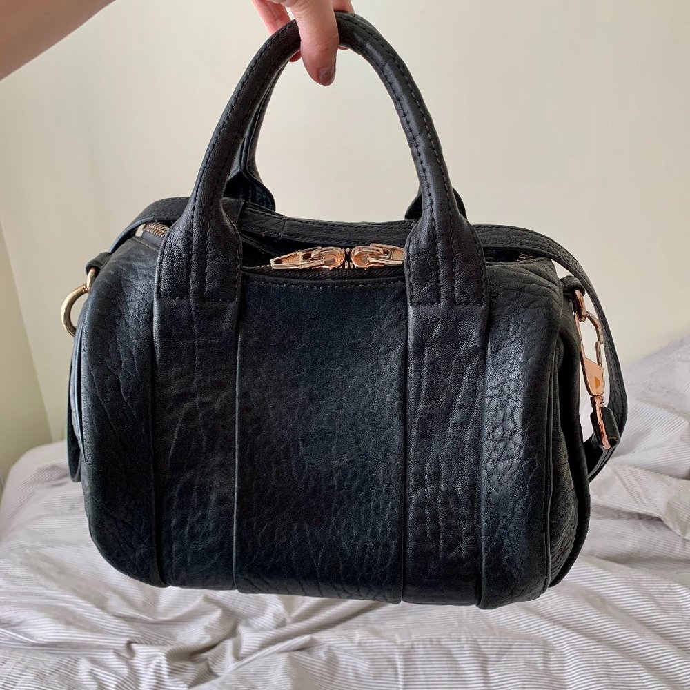 ROCKIE ROSE GOLD BLACK LEATHER CROSSBODY SATCHEL